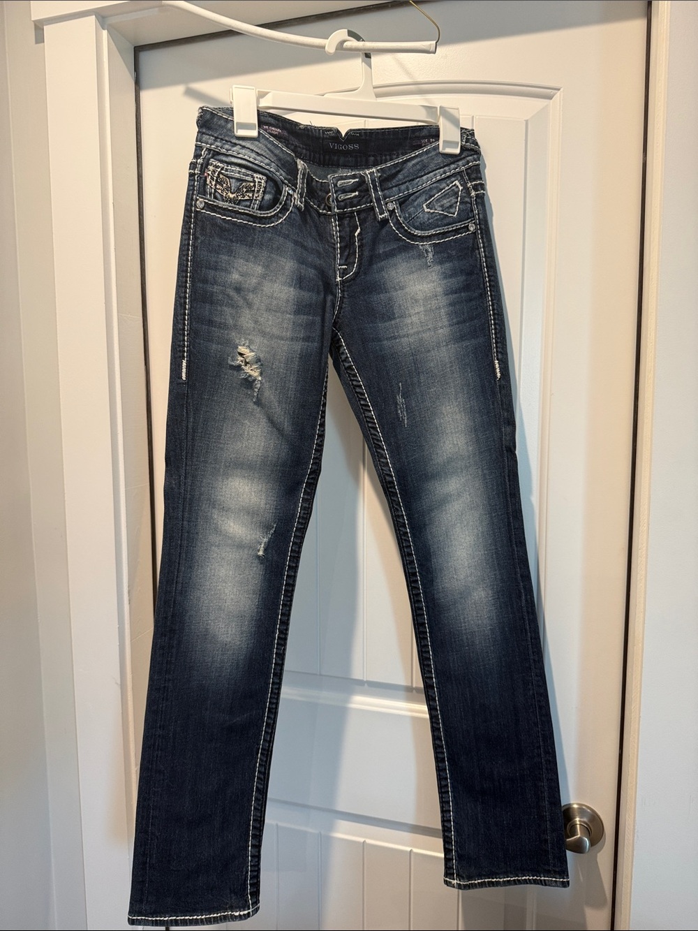 Vigoss Women's Dark Blue Straight Leg Embellished & Distressed Jeans